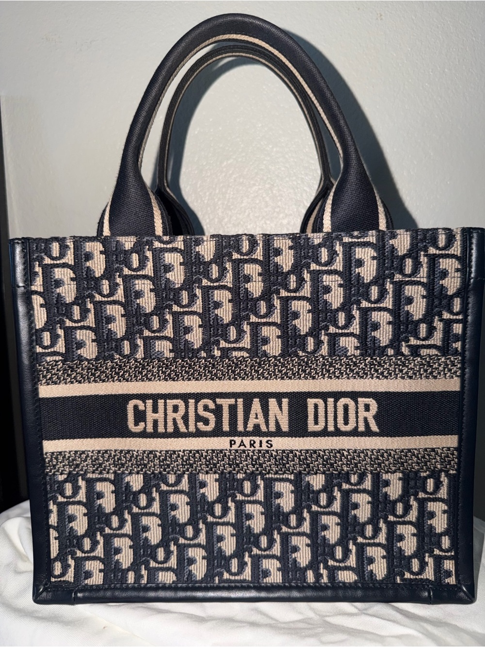 Authentic Dior Small Book Tote with Strap – Blue Oblique Embroidery & Calfskin